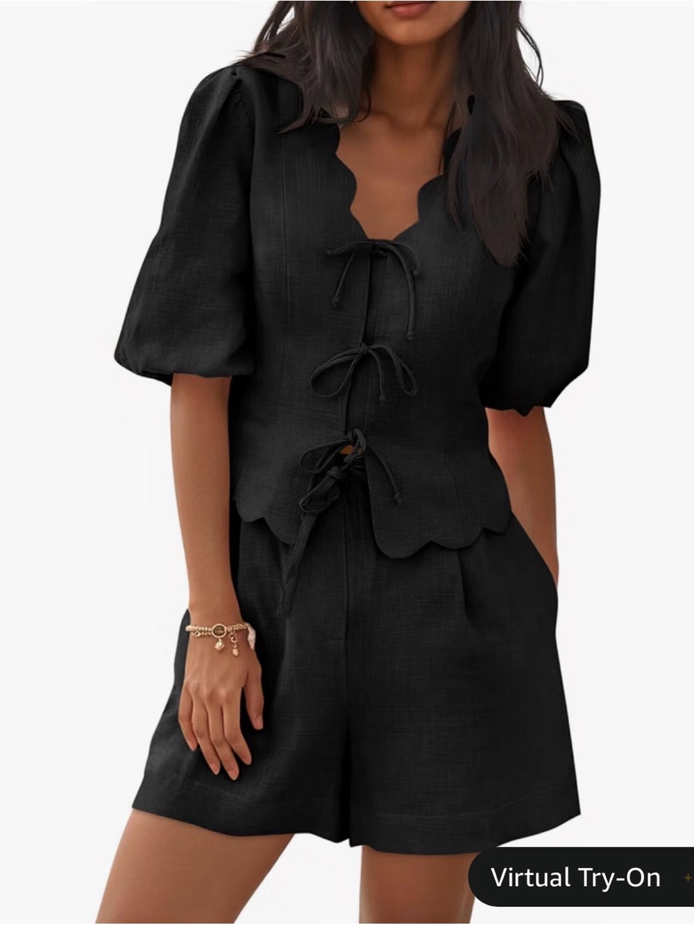 Black Scallop Tie-Front Top & High-Waist Shorts Set